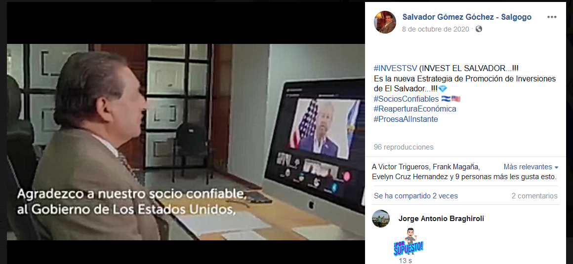 Captura de pantalla de un spot del gobierno que promociona la estrategia de Invest El Salvador. Ronald Johson respaldó la iniciativa de Proesa.