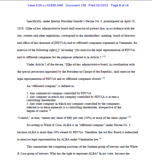 Página del expediente Case No. 3:20-cv-01939, de la Corte de Distrito de Connecticut, en la que enviados de Guaidó piden ejercer la representación legal de Alba Petróleos de El Salvador en Estados Unidos.