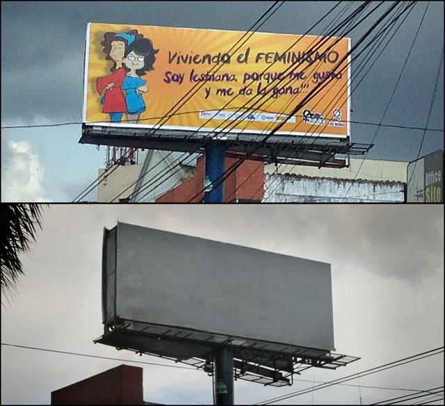 Imagen de una valla en la Zona Rosa de San Salvador de una campaña del colectivo feministas Las Dignas que fue censurada por el Consejo Nacional de la Publicidad.
