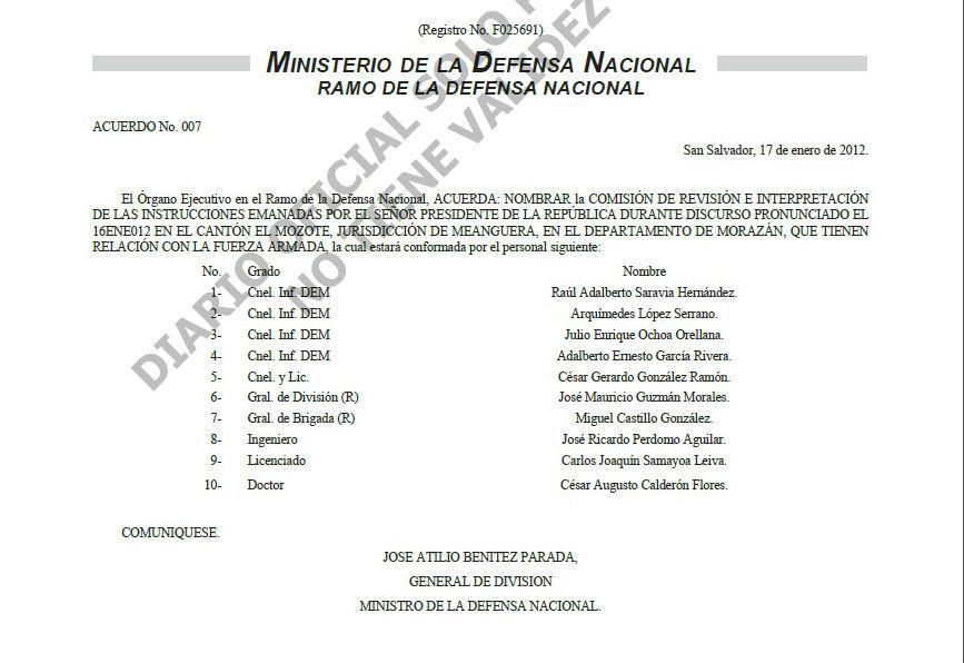 Acuerdo Ejecutivo 007 del Ministerio de la Defensa de enero de 2012.