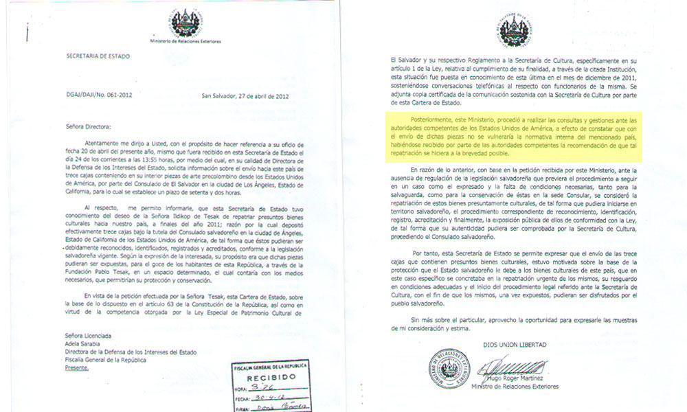 Copia del oficio con el que cancillería responde a fiscalía por su intervención para la repatriación de 13 cajas con material arqueológico. En el párrafo resaltado, Martínez asegura que se hicieron consultas a las autoridades estadounidenses de si el traslado violaba alguna ley, a lo que no responden específicamente, solo que debe hacerse rápido.