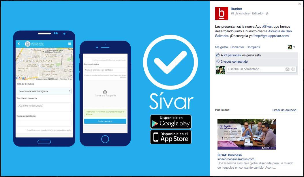 Captura de la página de Facebook de Bunker en la que la empresa se presenta como la desarrolladora de la aplicación para dispositivos móviles Sívar de la Alcaldía de San Salvador, que fue lanzada el 28 de octubre por el alcalde capitalino, Nayib Bukele.