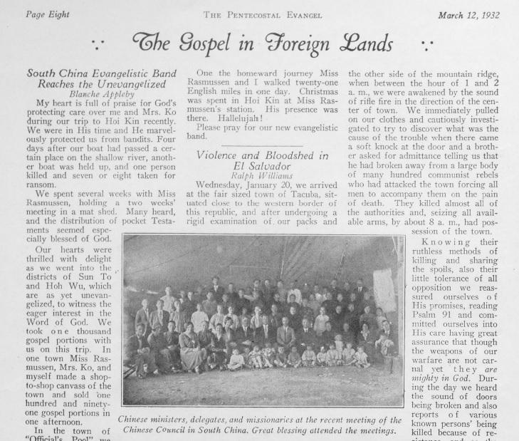 Página ocho de la edición del 12 de marzo de 1932 de The Pentecostal Evangel , la revista oficial de las Asambleas de Dios en los Estados Unidos, en la que el misionero inglés Ralph Williams publicó un recuento de la Matanza de indígenas sucedida pocas semanas antes en El Salvador.