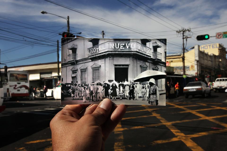 Postal de la Panama Mail Steamship Company que muestra el Hotel Nuevo Mundo alrededor de 1930, sobrepuesta al lugar de San Salvador donde se encontraba. Foto archivo El Faro/Mauro Arias.