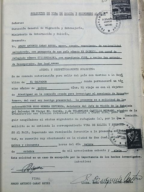 Solicitud de visa de salida y reingreso que Amado Antonio Garay Reyes, motorista del capitán Álvaro Saravia, presentó al gobierno de Costa Rica, país donde gozaba de un programa para protección de refugiados.