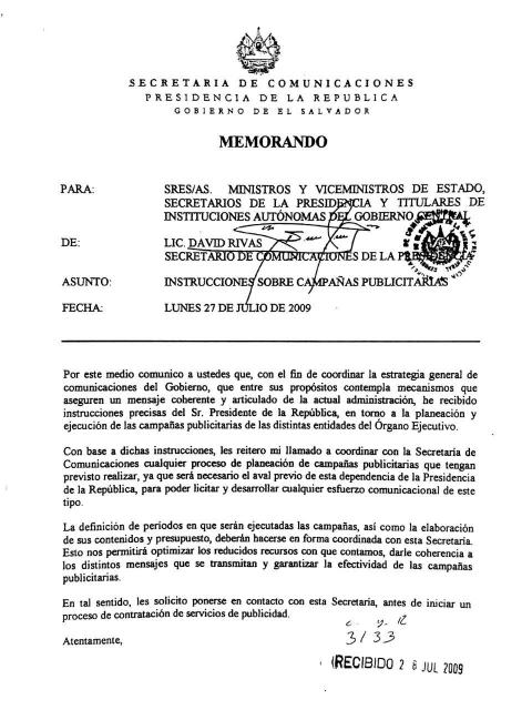 Memorando del 27 julio de 2009 enviado por David Rivas en el que les ordena a ministros, viceministros y jefes de autónomas -por instrucción de Mauricio Funes- la coordinación de las licitaciones de publicidad y la aprobación de campañas en Casa Presidencial. Foto: Archivo El Faro.