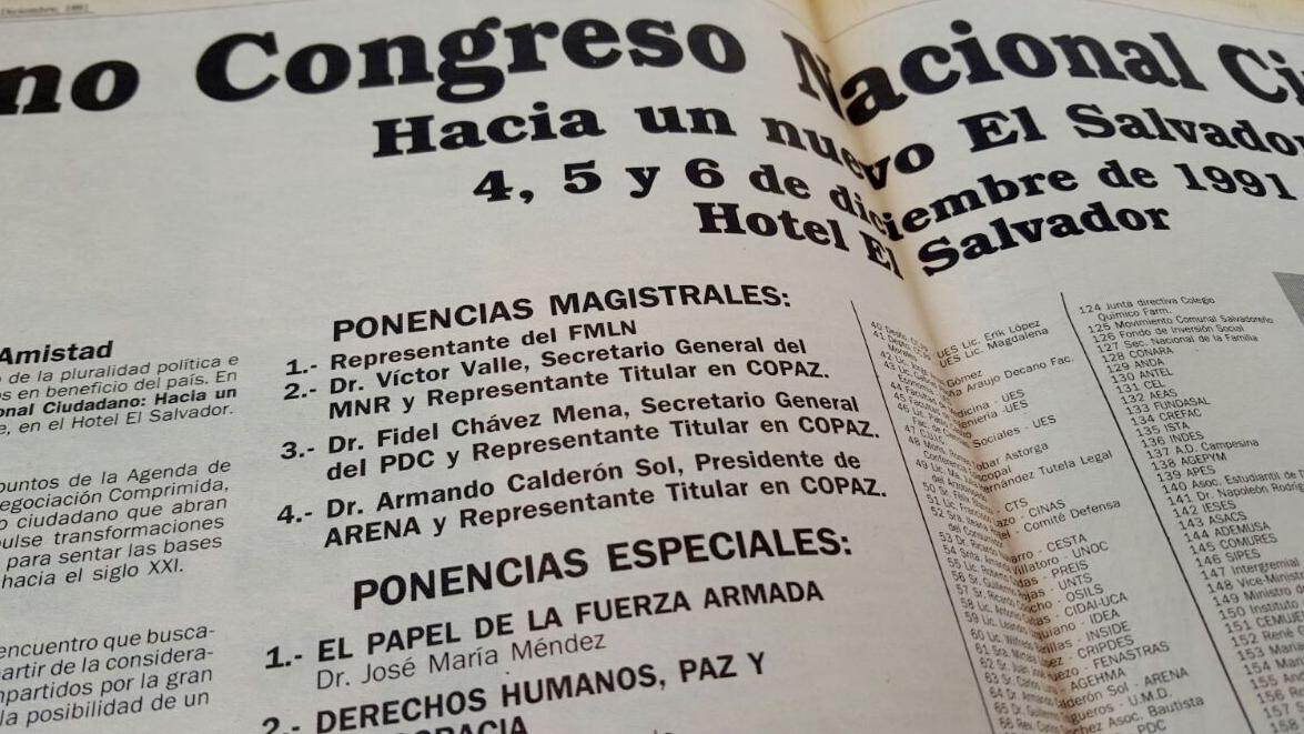 El 3 de diciembre de 1991, el Instituto de Estudios Jurídicos de El Salvador invitaba a un congreso en el que Calderón Sol sería uno de los encargados de las ponencias magistrales. La actividad pretendía enriquecer la discusión en torno a las negociaciones de la paz, pero para el gobierno de Cristiani, para el partido Arena y para Calderón Sol aquellas temáticas eran tierra minada. Aun así, Calderón Sol desafiaba a los que insistían en la solución armada y participaba en estas actividades, donde se discutía el más sensible de los temas: el futuro de la Fuerza Armada.  Ya en septiembre anterior las negociaciones habían permitido acordar que se crearía una Comisión de la Verdad y que los militares se subordinarían al poder civil.