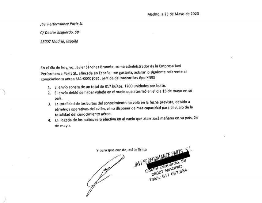 El 23 de mayo, Javi Performance Parts admitió a la administradora de contrato que no había hecho un envío de mascarillas Kn95, del cual habían documentos en las unidad de abastecimiento, pero del que no habían rastros de las mascarillas en las bodegas del Ministerio de Salud. 