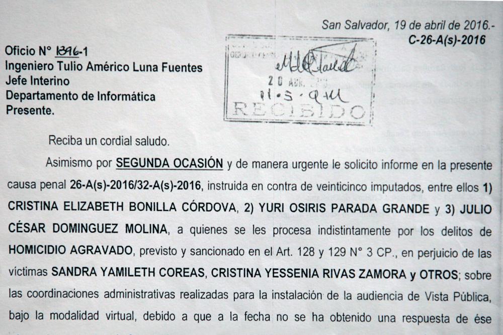 Este es un fragmento de uno de los seis escritos en que los jueces han pedido que se programen audiencias virtuales, sin que la Corte les responda. El Órgano Judicial tiene predicciones sombrías sobre las implicaciones que las medidas extraordinarias tendrán en las agendas de los jueces. Foto El Faro/ Víctor Peña