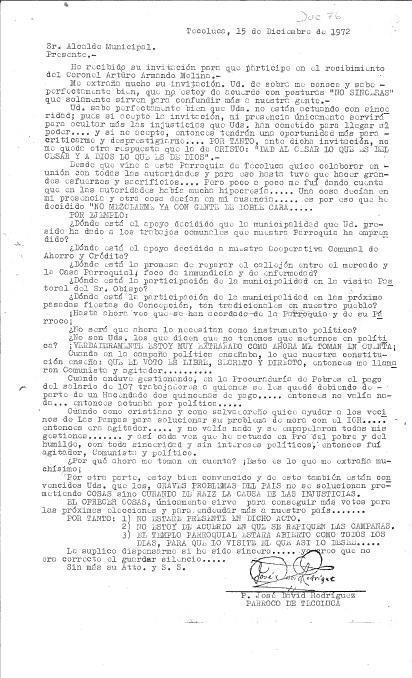 Carta del Padre David Rodríguez, párroco de Tecoluca, al alcalde Atilio Cañas, con su negativa a recibir al nuevo presidente militar, Arturo Armando Molina, elegido mediante fraude. Fechada el 15 de diciembre de 1972.
