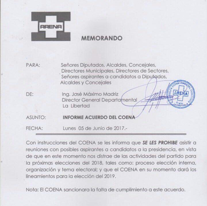 Este fue el comunicado que giró la dirección de Arena el lunes 5 de junio para exigir a sus miembros, por tercera vez, que se abstuvieran de reunirse en público con los aspirantes a ocupar cargos de elección popular. 