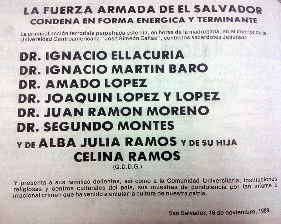 Esquela publicada por la Fuerza Armada de El Salvador el viernes 17 de noviembre de 1989, tras el asesinato de los jesuitas y sus colaboradoras. En ella, pese a saber ya que el crímen había sido cometido por militares, la Fuerza Armada califica el hecho de 