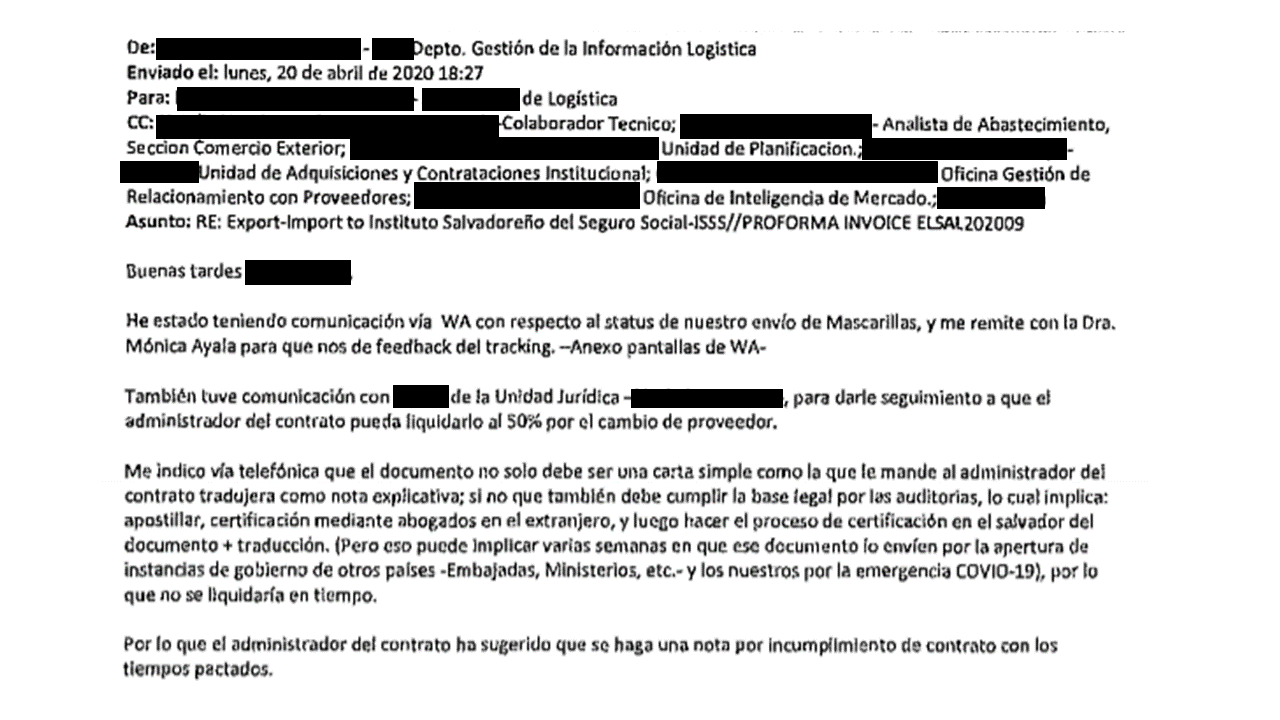 Un técnico de logística pidió información a Jana Nemcova sobre el tracking del lote de mascarillas, un código que sirve para hacer monitoreo de la ubicación de un cargamento. El intermediario de las empresas Shanghai Beyond Import and Export y Lasca Desing le contestó al técnico que trasladara la consulta a la 