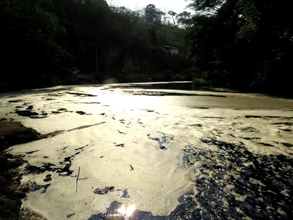 La melaza derramada por el Ingenio La Magdalena corre por el río a su paso por el municipio de San Lorenzo, departamento de Ahuachapán. Según el Ministerio del Ambiente, en esta zona cercana al ingenio la fauna fue exterminada en un 100 %.