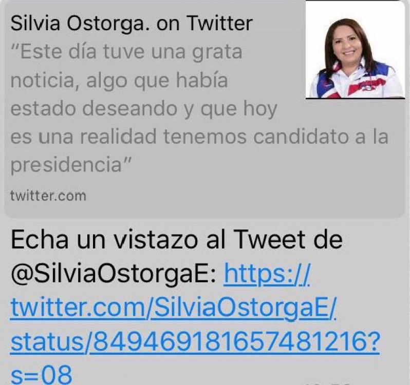 La diputada de Arena Silvia Ostorga escribió este tuit en la noche del 4 de abril. Luego lo borró por exigencia de su partido, porque el discurso oficial es que todos están concentrados para 2018. Ostorga evita revelar para quién iba dirigido el mensaje: ese día, se había reunido con ambos aspirantes a la candidatura presidencial, Javier Simán y Carlos Calleja. 