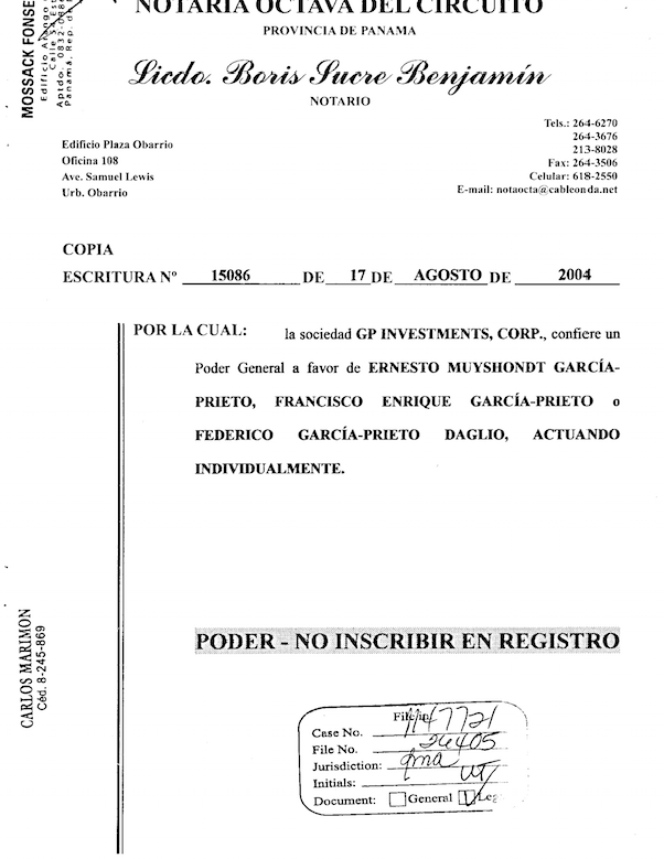 GP Investments Corp fue inscrita en el registro panameño con directores que Mossack Fonseca puso a disposición de Ernesto Muyshondt. También fue elaborado un poder para que pudiera tomar decisiones sin que este fuera inscrito en el registro.  