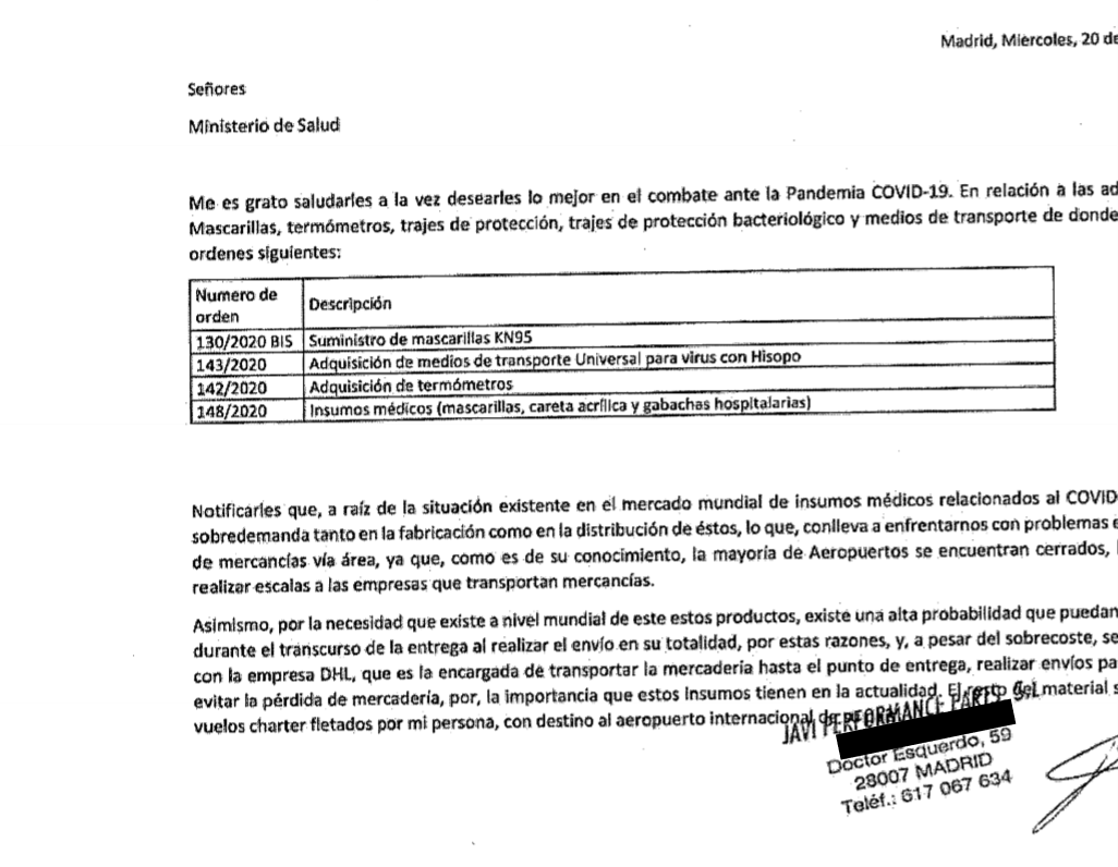 El 20 de mayo, Javi Peformance Parts notificó al Ministerio de Salud que iba a usar los servicios de DHL para enviar los paquetes. El proveedor español no se dedica a la fabricación de insumos médicos ni al transporte de estos, las dos condiciones que el ministro de Salud, Francisco Alabí, expuso que cumplían los proveedor que habían seleccionado durante la pandemia.