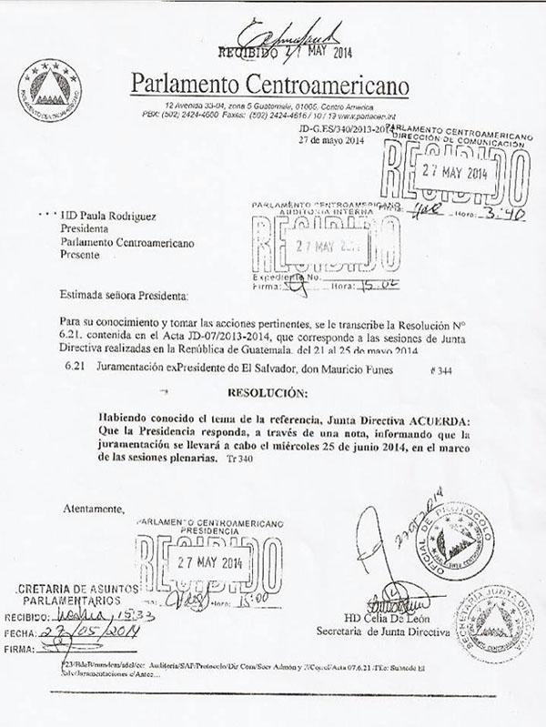 Resolución de la Junta Directiva del Parlamento Centroamericano para incorporar a Mauricio Funes en la sesión plenaria a celebrarse el 25 de junio de 2014.