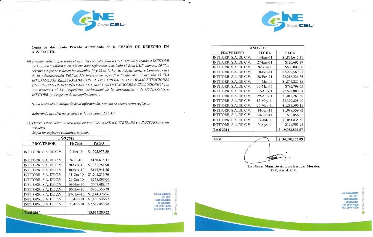 Entre junio de 2010 y agosto de 2011, INE pagó $34 millones a Infitorr, una empresa del comandante Chepón. En agosto de 2011, Alba Petróleos solicitó el embargo de la empresa días después de que Infitorr recibió los últimos desembolsos de este contrato con fondos públicos.