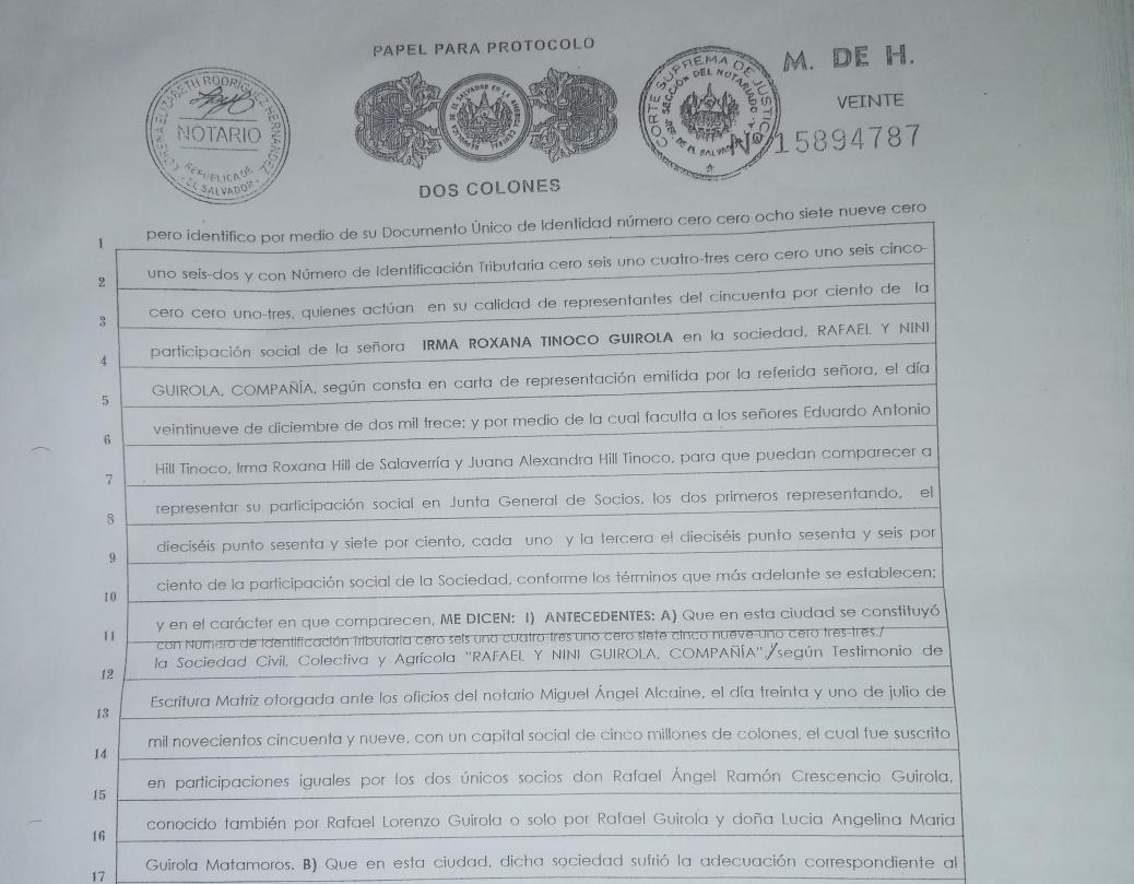 La canciller Alexandra Hill tiene una participación social del 16.66% en la Sociedad Rafael y Nini Guirola Compañía. 