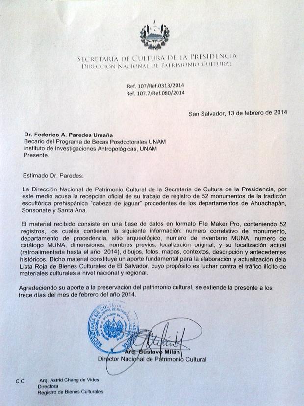 Carta Ref. 107.7/Ref080/2014 de acuse de recibido por parte de la DNPC del registro de los 52 monumentos de la Tradición Cabeza de Jaguar con el fin de usarlo para los efectos de protección.