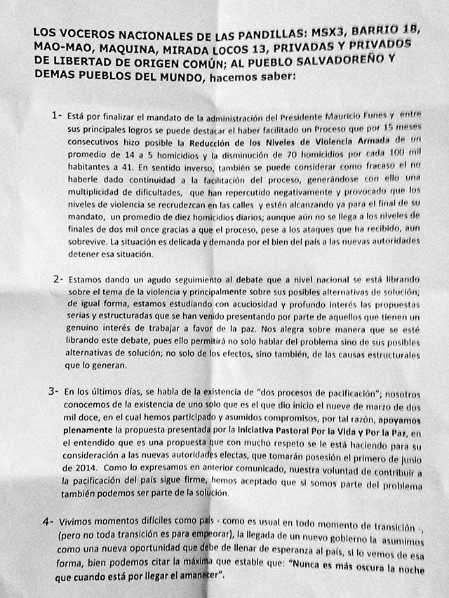 Comunicado de las pandillas firmado el 28 de abril de 2014. Foto El Faro