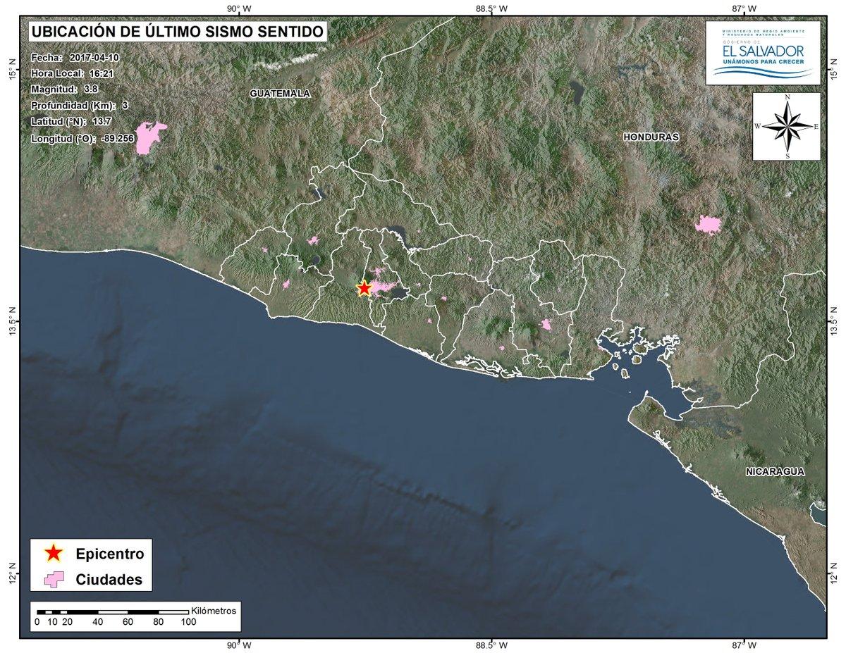 Según el MARN, el sismo registrado a las 4 pm, del lunes 10 de abril de 2017, fue de magnitud 3.8, y sucedió en Antiguo Cuscatlán, a 3 km al noreste de Santa Tecla. Tuvo una profundidad de 3 km.