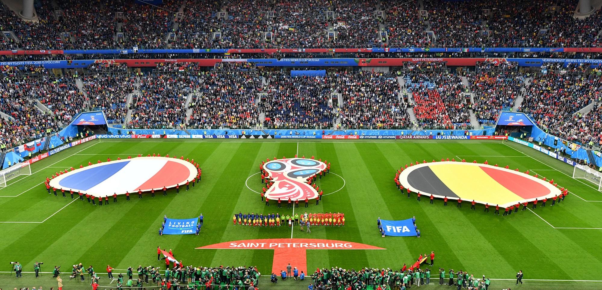 Prolegómenos de la semifinal jugada entre Francia y Bélgica en San Petersburgo, Rusia. Foto Liu Dawei (Xinhua).