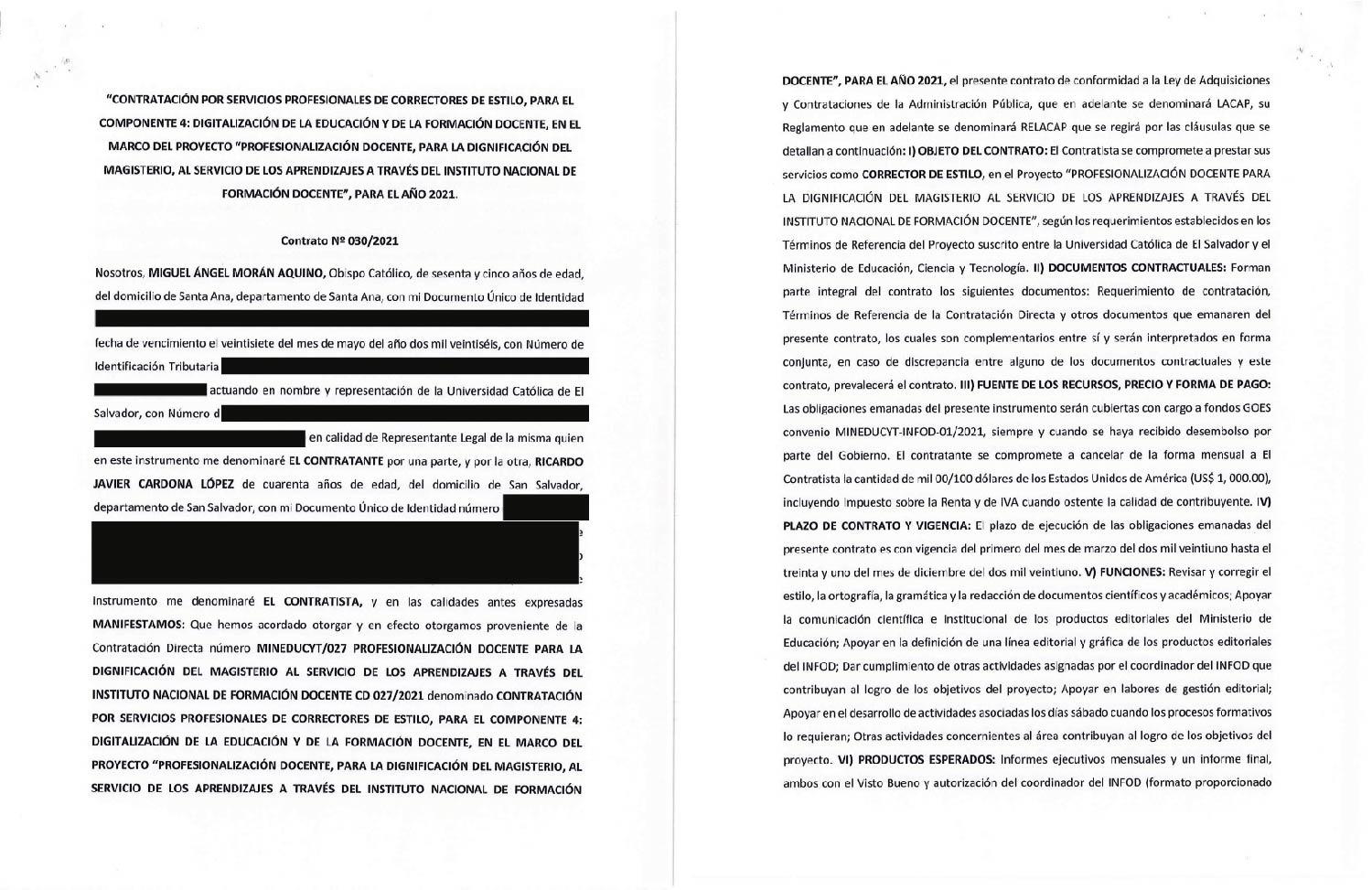 El Mined y la Unicaes acordaron que Javier Cardona iba a recibir $1,000 mensuales en concepto de pago.