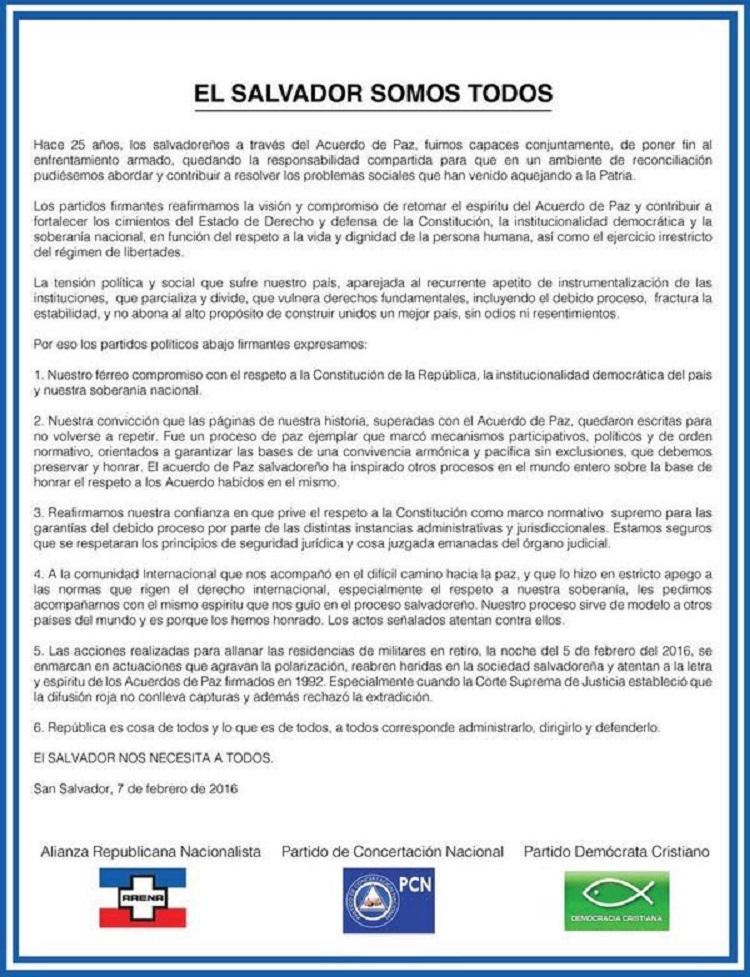 Comunicado emitido el domingo 7 de febrero de 2015 por dos de los partidos que aprobaron en 1993 la Ley de Amnistía que perdonó los crímenes de lesa humanidad ocurridos durante la guerra civil salvadoreña. 