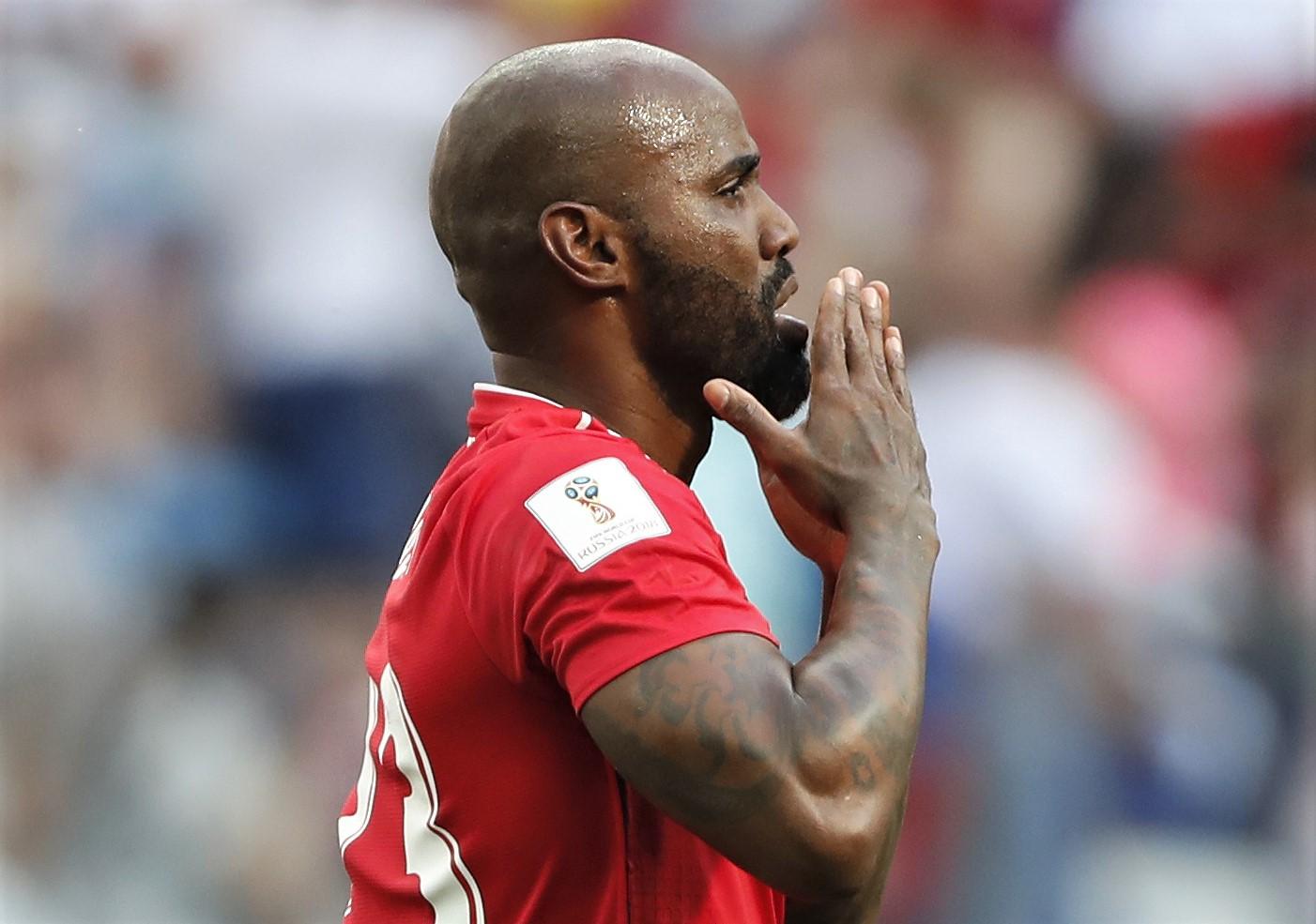 El veterano defensa Felipe Baloy se convirtió en el primer panameño en marcar en una Copa Mundial de Fútbol de la FIFA, el 24 de junio del año 2018. Foto Cao Can (Xinhua).