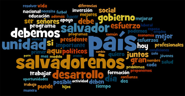 En su más reciente discurso del lunes 25 de febrero de 2013, en el que hizo oficial su intención de buscar un segundo mandato, Saca usó más las palabras 