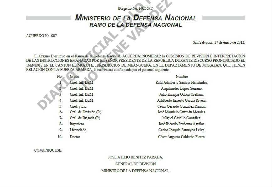 Resolución del Ministerio de la Defensa de enero de 2012.