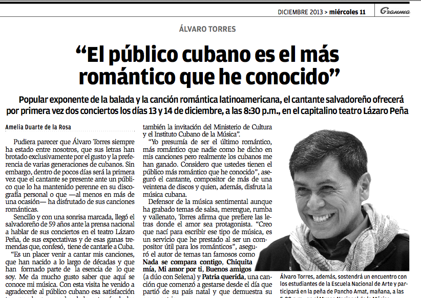 El cantautor salvadoreño Álvaro Torres en las páginas culturales del periódico oficial cubano Granma en la edición del miércoles 11 de diciembre de 2013.