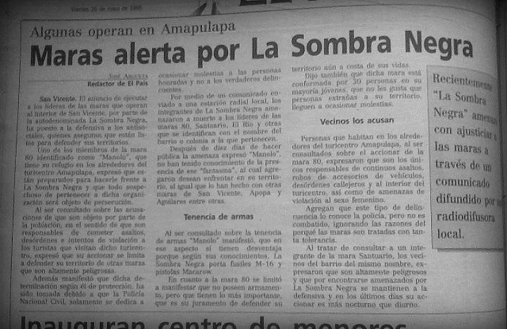 Recorte de una página de la edición del 26 de mayo de 1995 del diario La Prensa Gráfica, en la que se informaba sobre las amenazas del grupo de exterminio Sombra Negra. Foto El Faro.