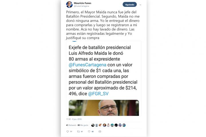 Captura de pantalla de un tweet del 8 de junio del 2018 del expresidente Mauricio Funes. 