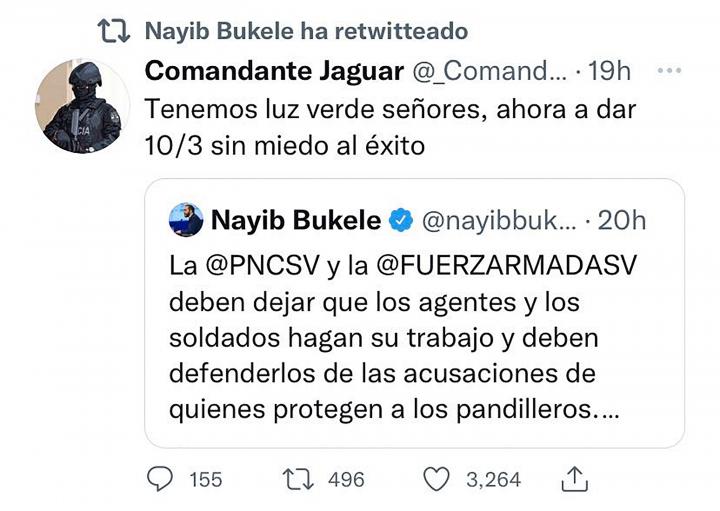 En redes sociales, cuentas anónimas celebraron las medidas tomadas por el presidente Bukele. Imagen: Captura tomada de Twitter.