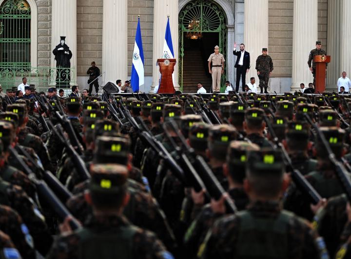 Salvadoran President Nayib Bukele waves at soldiers joining the Armed Forces at Gerardo Barrios Square in the Historic Center of San Salvador, on July 29, 2019, two months after he took office. Photo Marvin Recinos/AFP