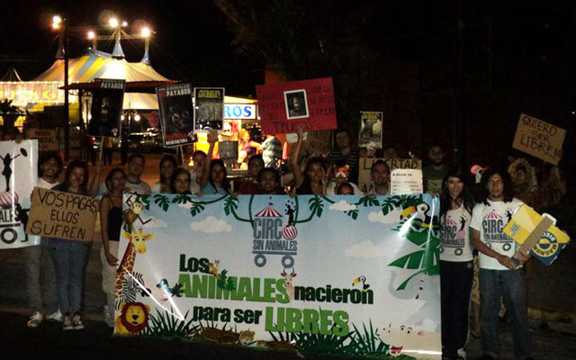 Mauricio Zamora, derecha, durante protesta contra el uso de animales en los circos 16 enero 2010 en San Salvador. Foto cortesía Mauricio Zamora