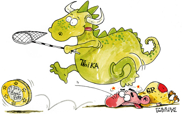 En esta imagen cedida el viernes 14 de octubre del 2011 por la Asociación de Caricaturistas Griegos, se muestra una caricatura de Dimitris Georgopalis en la que se ve a un dragón como inspector de la deuda persiguiendo un euro con una red, tras aplastar a su paso a Grecia.