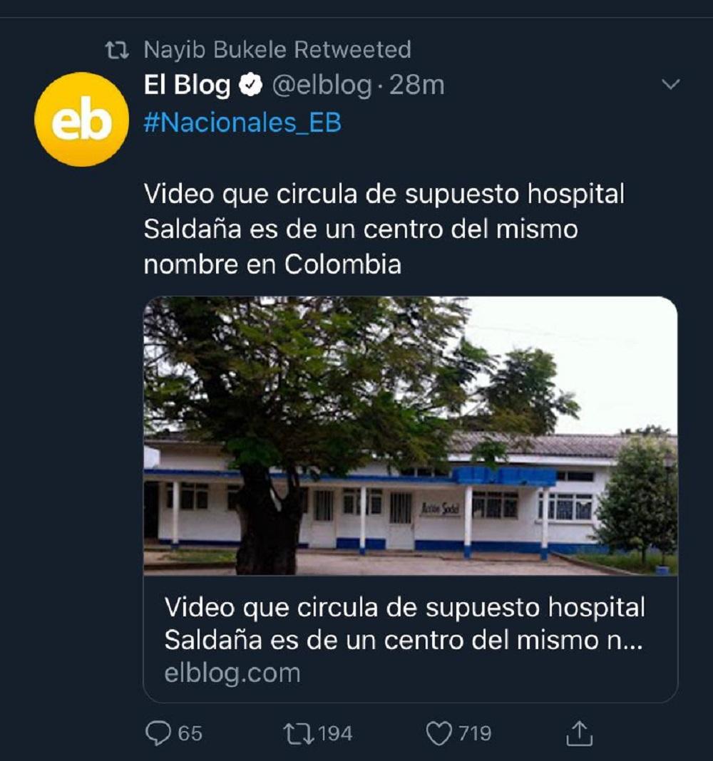 Captura de pantalla de cuando la cuenta de Twitter del presidente de El Salvador, Nayib Bukele (@nayibbukele), compartió con su más de 1.7 millones de seguidores una publicación con información falsa, el 2 de abril de 2020, durante la crisis sanitaria por el Covid-19. 