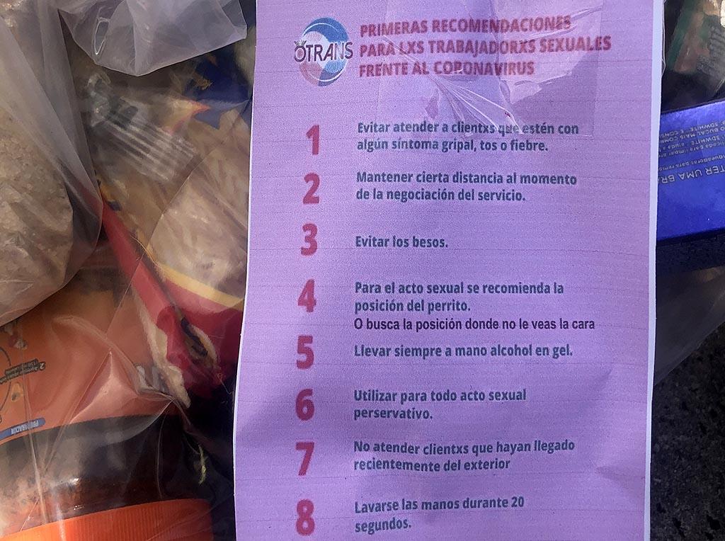 Accompanying the bag of goods delivered by OTRANS is a list of precautions that sex workers can take to confront the coronavirus pandemic. 