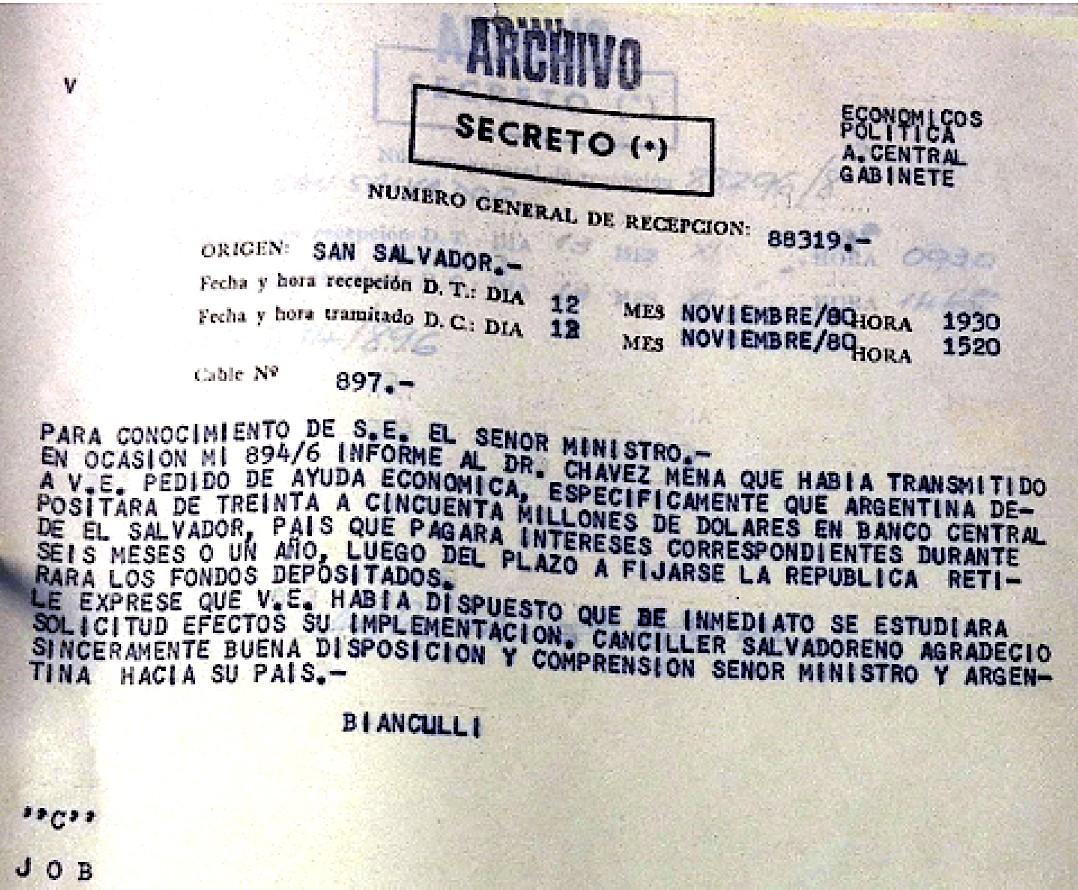 Telegrama del embajador argentino Bianculli, fechado en noviembre de 1980, sobre la asistencia económica del gobierno militar argentino a El Salvador.