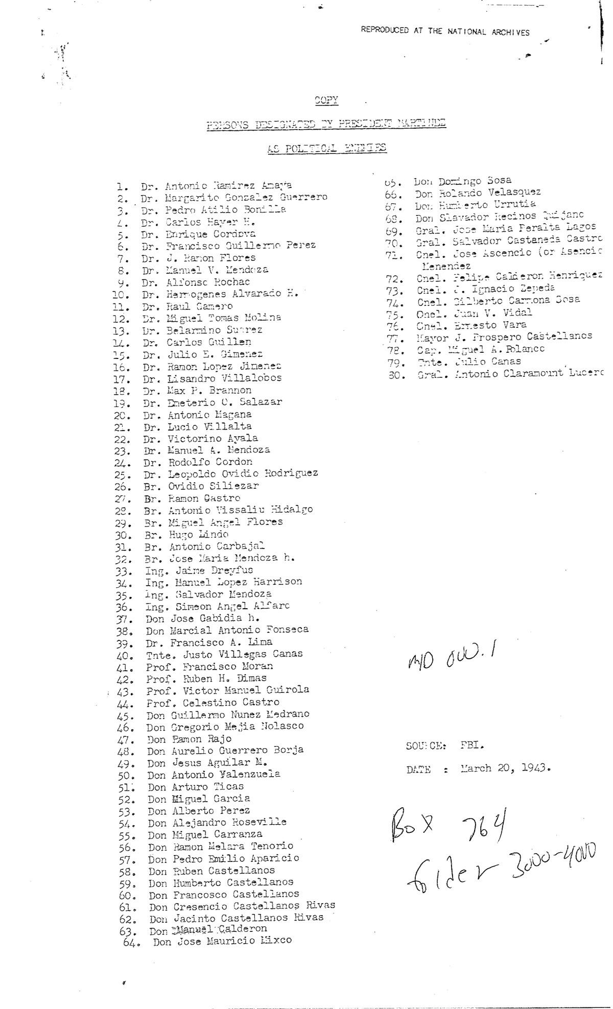 Copy: Persons Designated by President Maximiliano Hernández Martínez as Political Enemies,” March 20, 1943, G-2 Military Reports, Box 764, folder 3000-4000, Washington National Records Center, Suitland, Maryland.