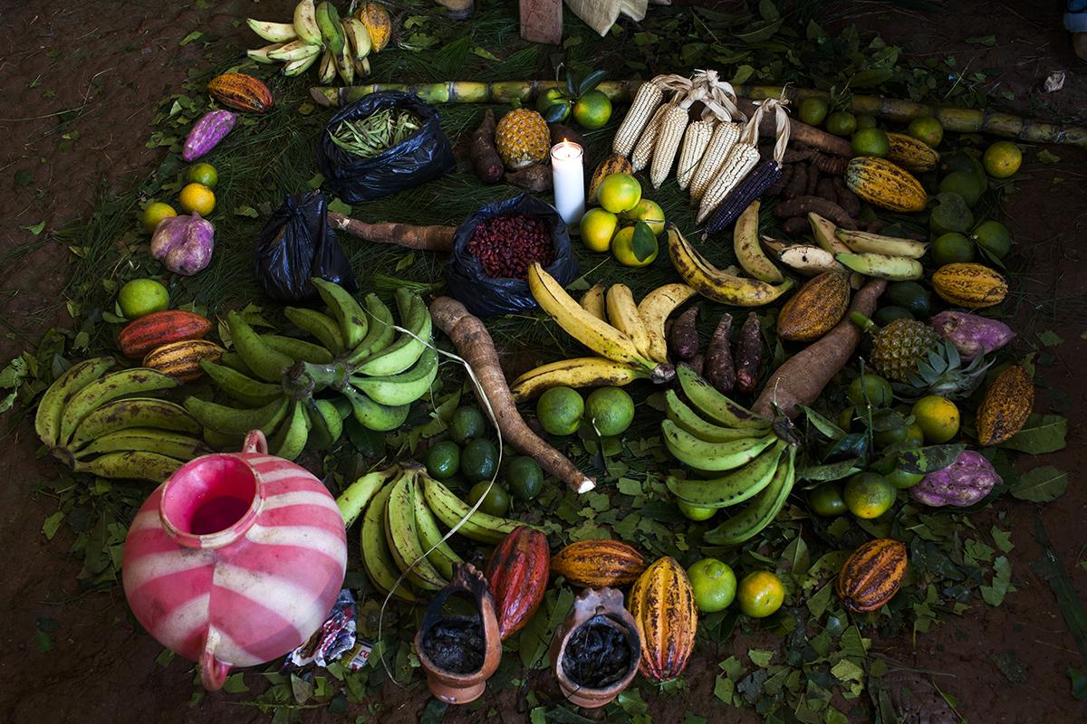 Locally grown fruits and vegetables are a colorful incentive to encourage participation in Cahabón’s community meetings (August 2017). Photo by Simone Dalmasso