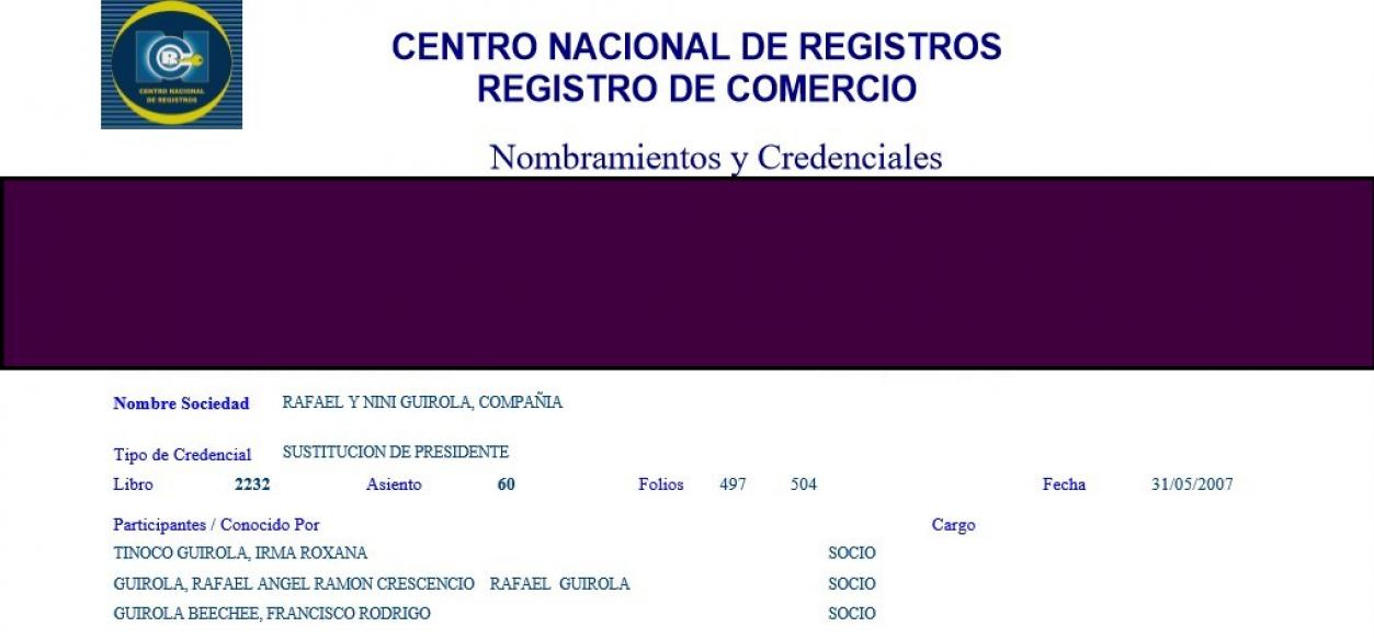 En mayo de 2007, la madre de la canciller, Irma Tinoco Guirola, y su sobrino Francisco Rodrigo Guirola Beeche se incribieron como accionistas de la Sociedad Rafael y Nini Guirola Compañía, tras el fallecimiento de Rafael Guirola.