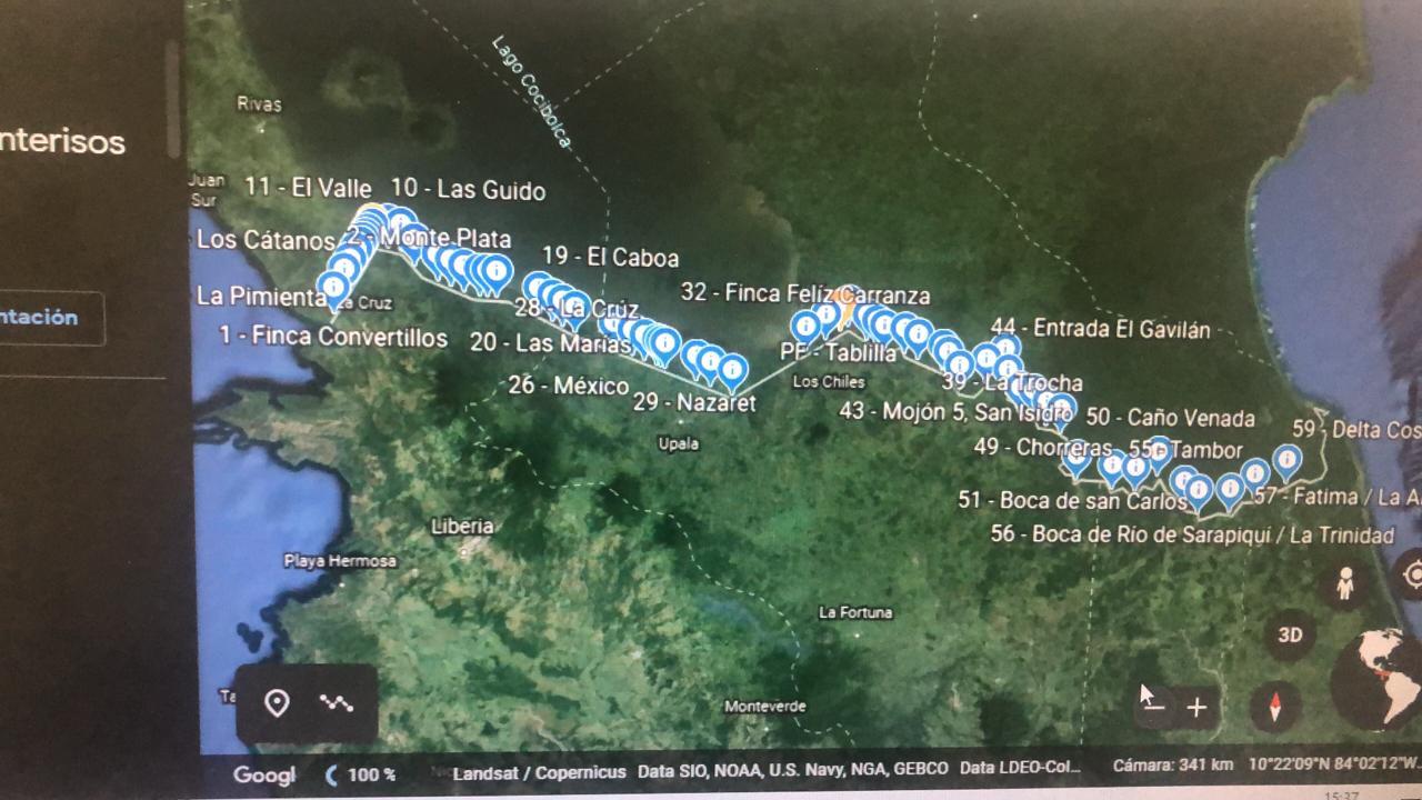 The 51 unmarked crossing points identified as irregular routes used by Nicaraguan migrants crossing into Costa Rica. The points were identified as part of a study conducted by the Arias Foundation. Courtesy photo 