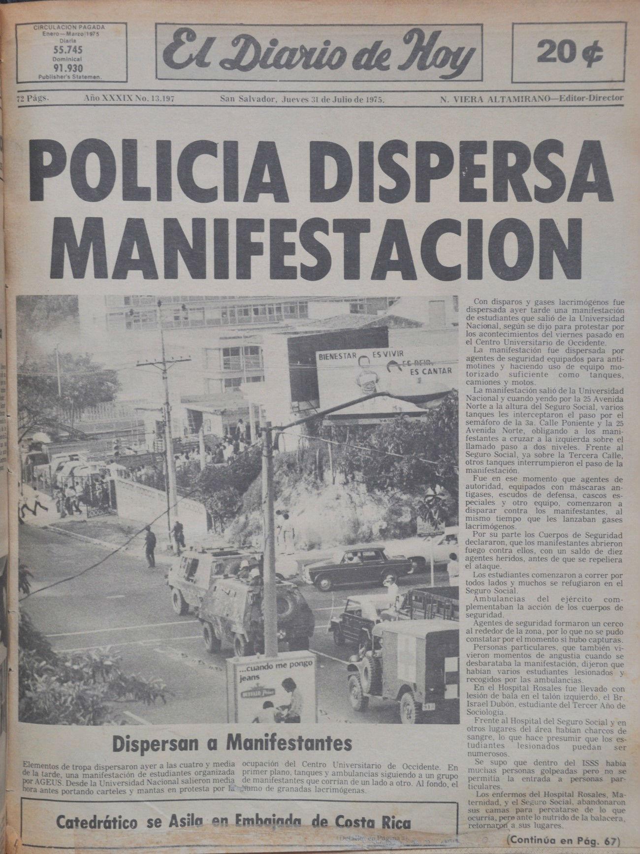 Portada de El Diario de Hoy sobre la manifestación de los estudiantes que terminó en tragedia, el 30 de julio de 1975 por la tarde.