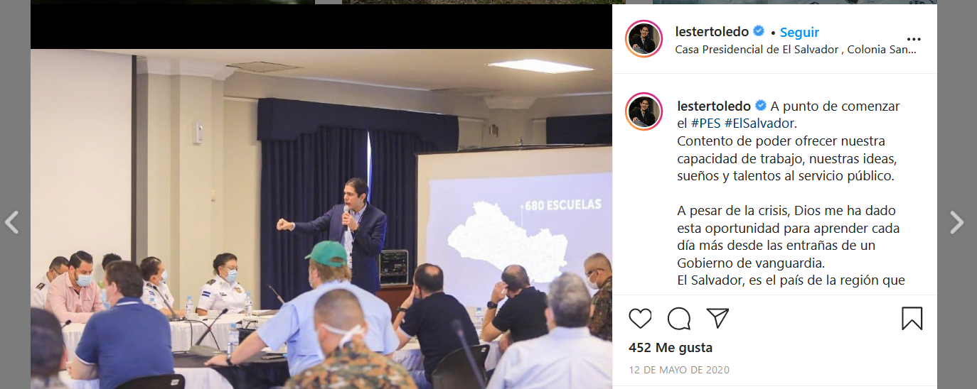 En mayo de 2020, Toledo participó como expositor en una actividad del gabinete, en la que participaron los titulares de las instituciones que manejan la compra, importación y distribución del programa de entrega de alimentos del gobierno. Captura de pantalla de cuenta de Instagram de Lester Toledo.