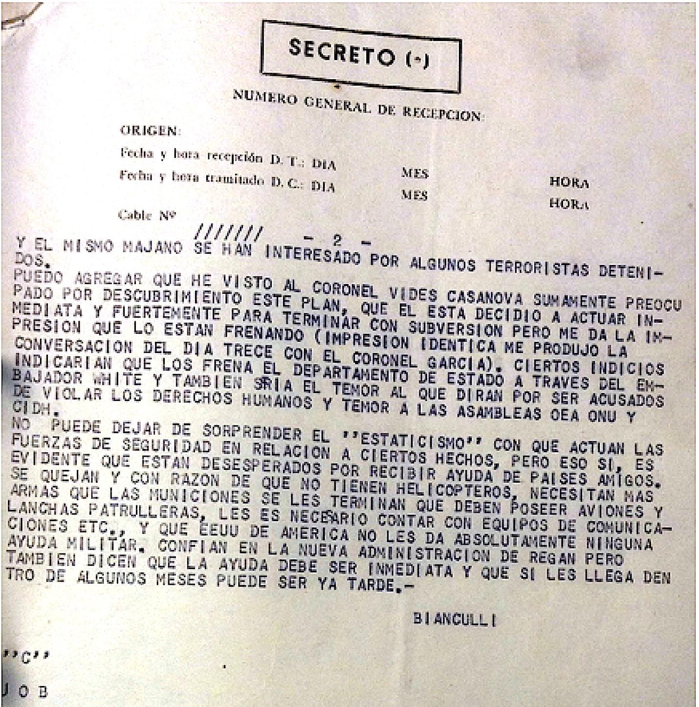 Comunicación de noviembre de 1981 que muestra la estrecha relación entre el embajador argentino Victor José Bianculli y los elementos más conservadores del ejército salvadoreño. 